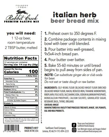 Rabbit Creek Gourmet - Wholesale Bread Mix - Italian Herb Beer Bread1