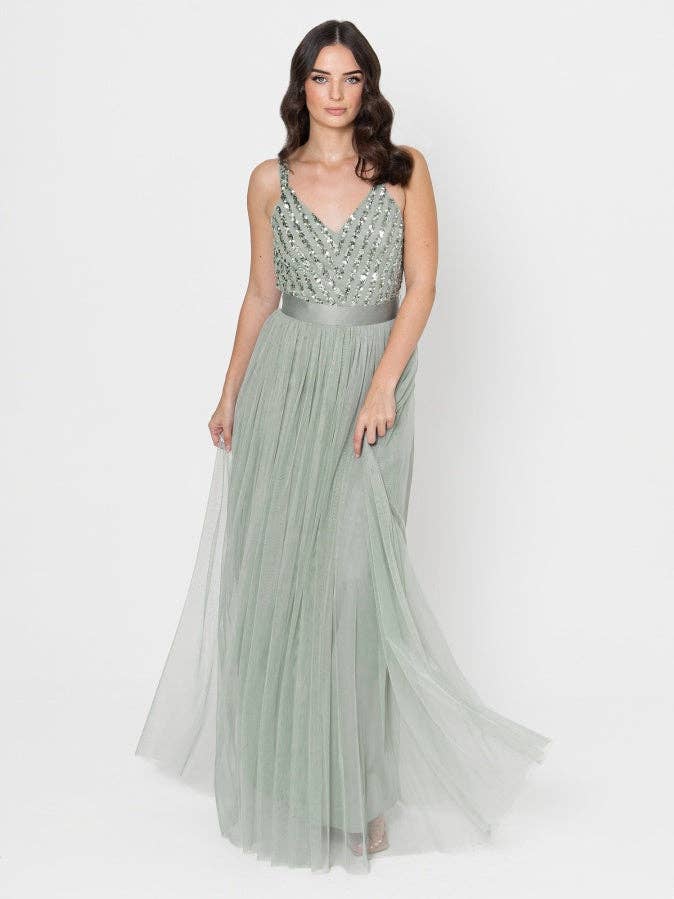 Maya Sage Green Sleeveless Stripe Embellished Maxi Dress for wholesale by Plaza Collection Ltd