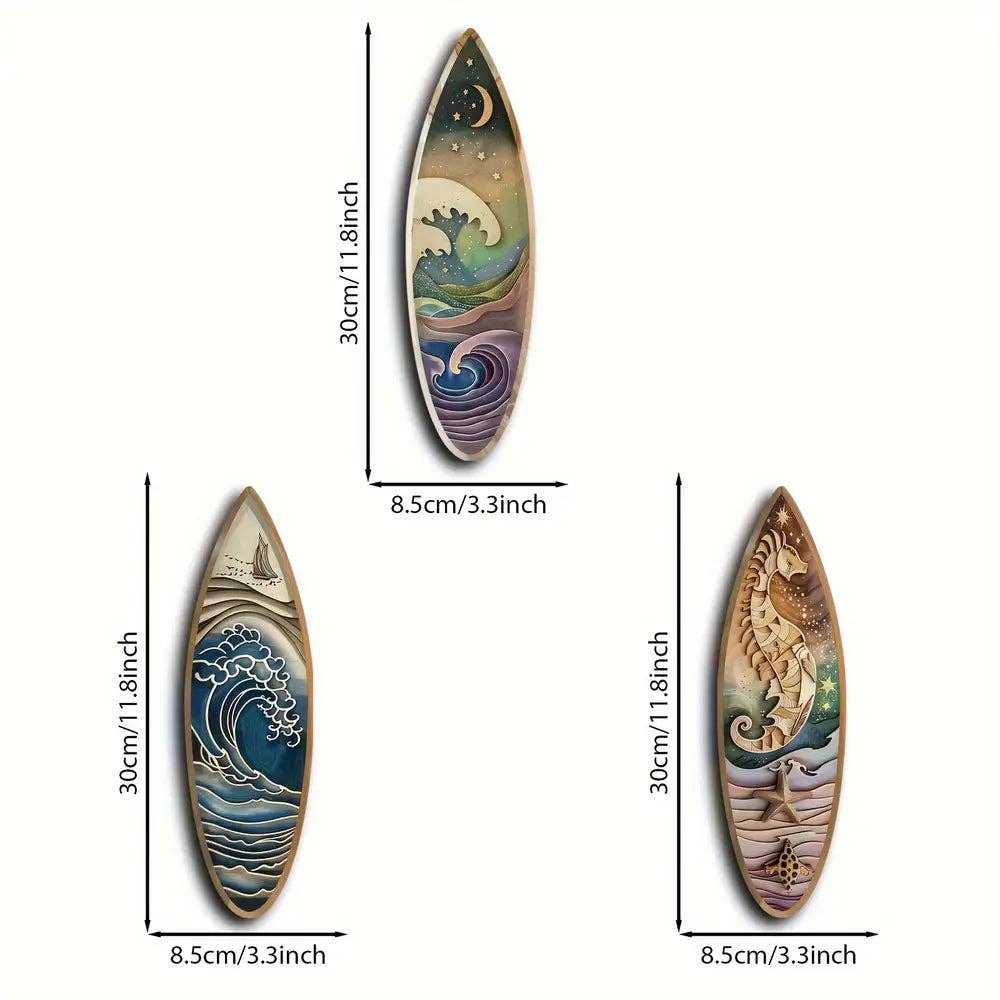 Huis Van Merken - Wholesale Gallery Wall Set - 3pcs Boho Wooden Surfboard Wall Art Set with Sailboat, Seahorse, and Night Wave Patterns2