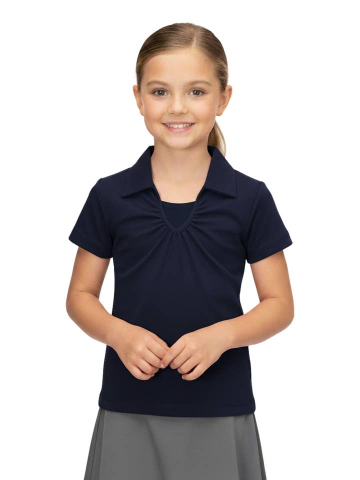 Polo à col en V pour fille, taille 5-18, marine pour la vente par Unik