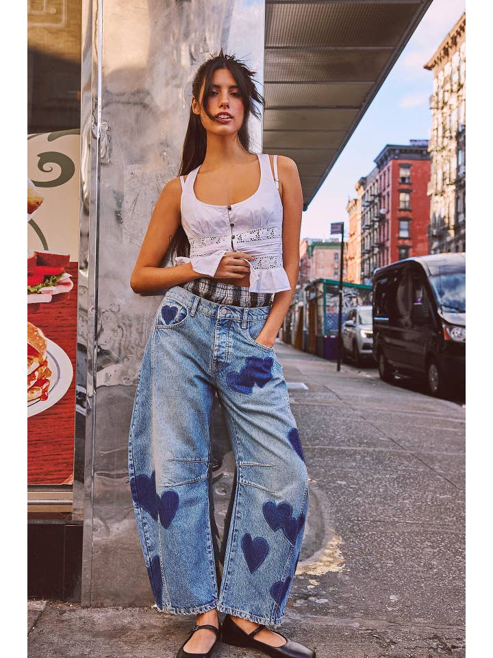 Hearts Vintage Heart Pattern Loose Denim Wide Leg Pants for wholesale on Faire