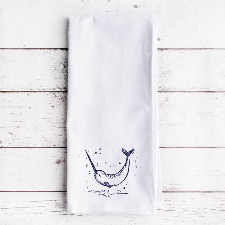 Coastal Narwhal Tea Towel, Nautical Summer Hand Dish Towel for wholesale by Perfect Day Print Co