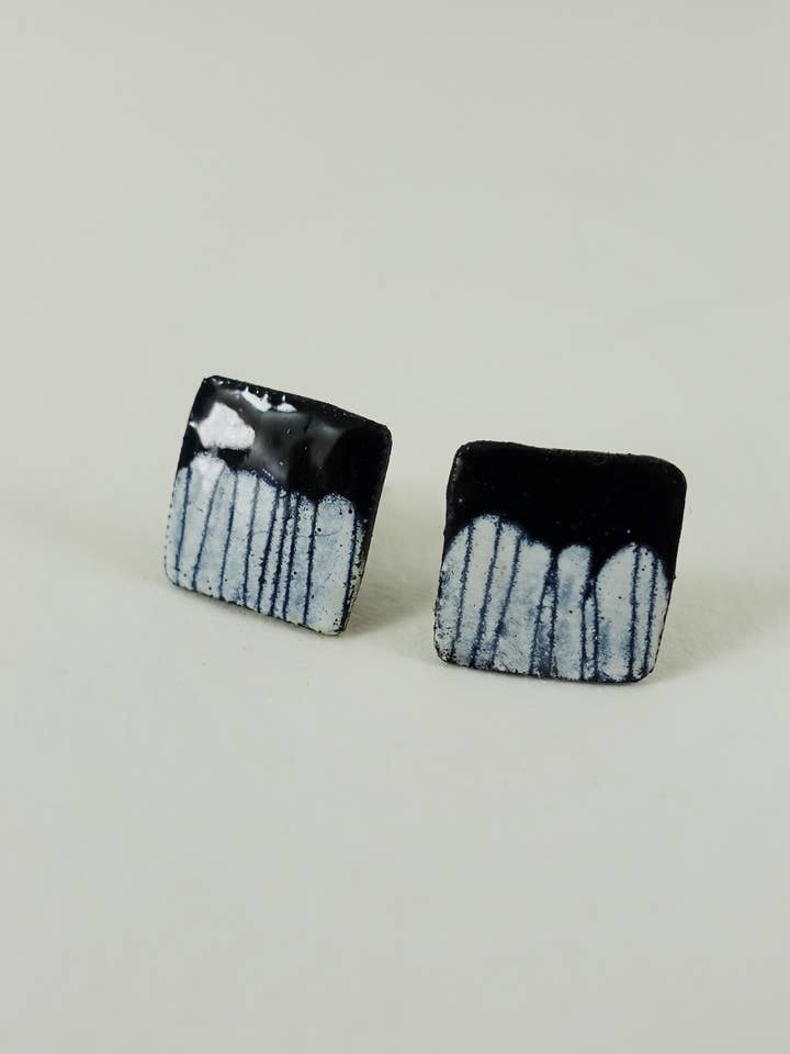 Square Copper Enamel Studs with Hand Drawn Pattern -Black for wholesale by 830 Degrees