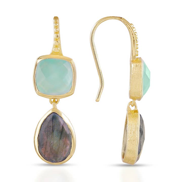 Charis Double Gemstone Earrings Pariba Onyx & Labradorite with Gift Box for wholesale by AZUNI London