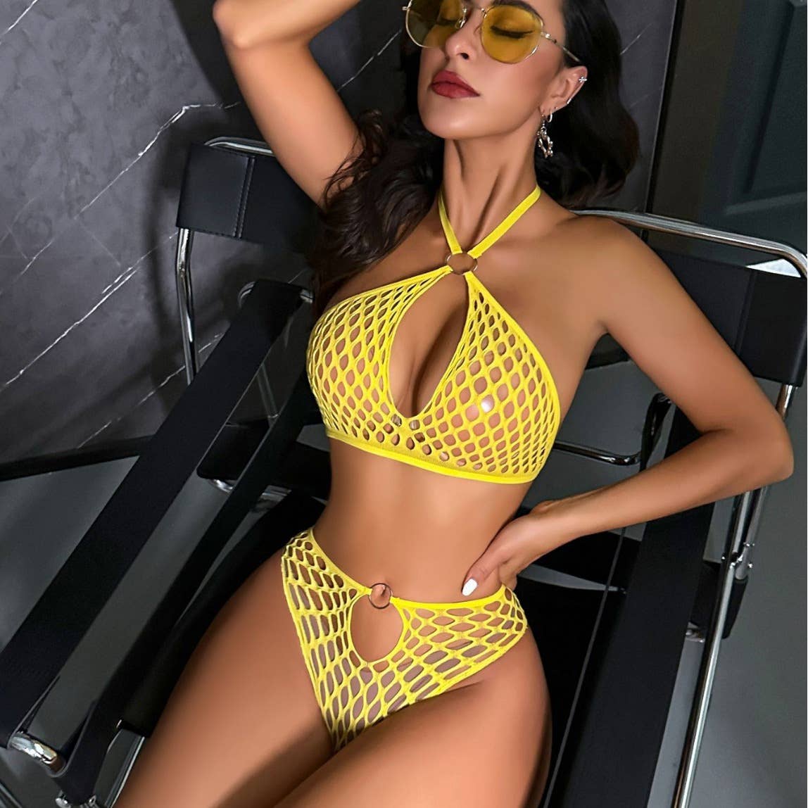 Giallo Set Reggiseno Sexy Allacciato in Rete con Lacci in vendita all'ingrosso su Faire2