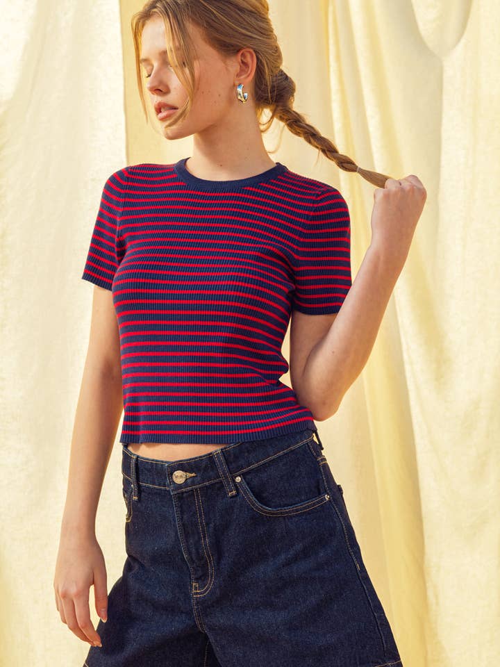 T6137 STRIPE RIBBED KNIT SHORT SLEEVE TOP for wholesale by MIOU MUSE