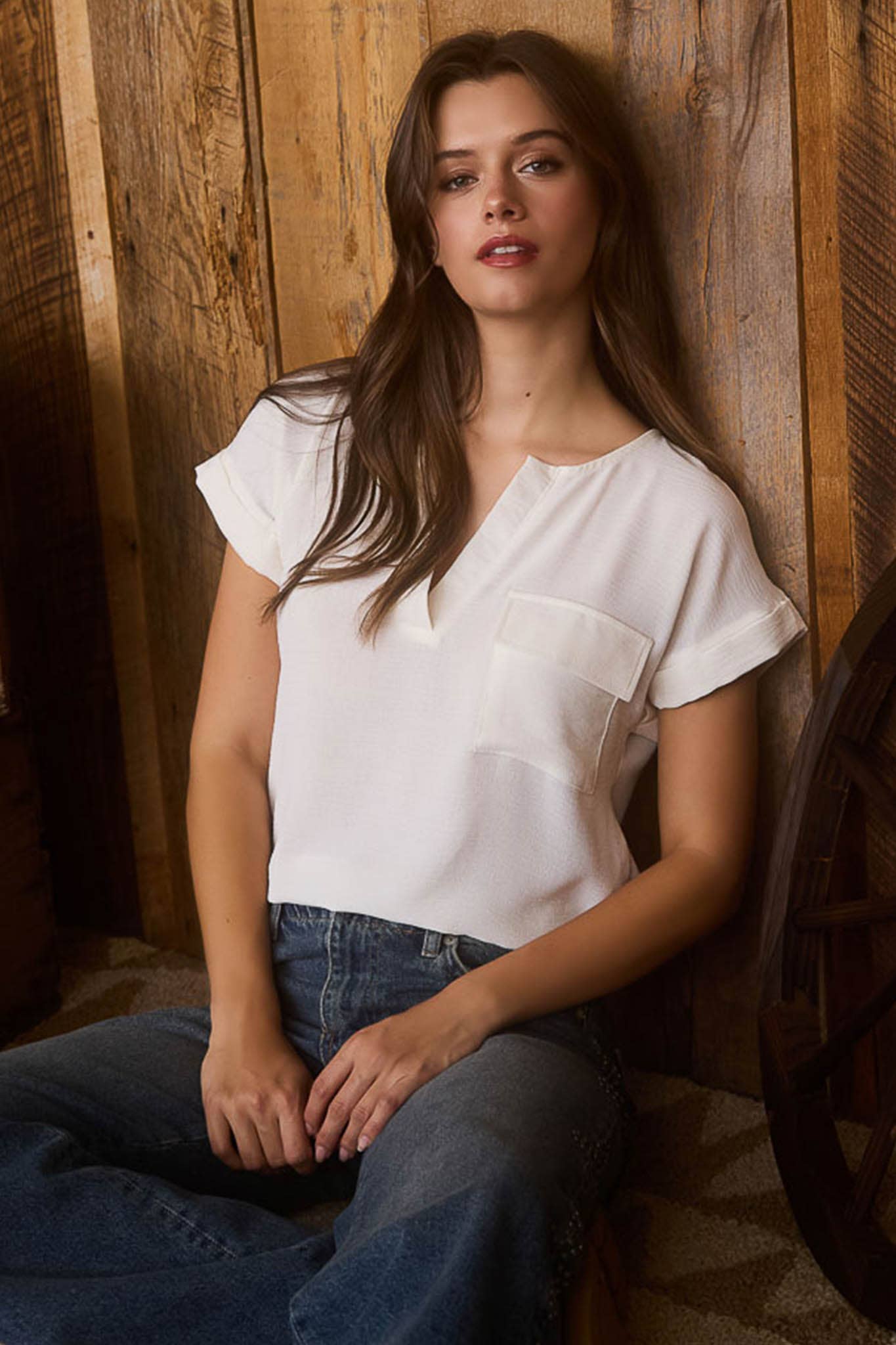 Blu Pepper - Wholesale Blouse - Women's - SPLIT NECK BACK BUTTON SHORT FOLD SLEEVE BLOUSE