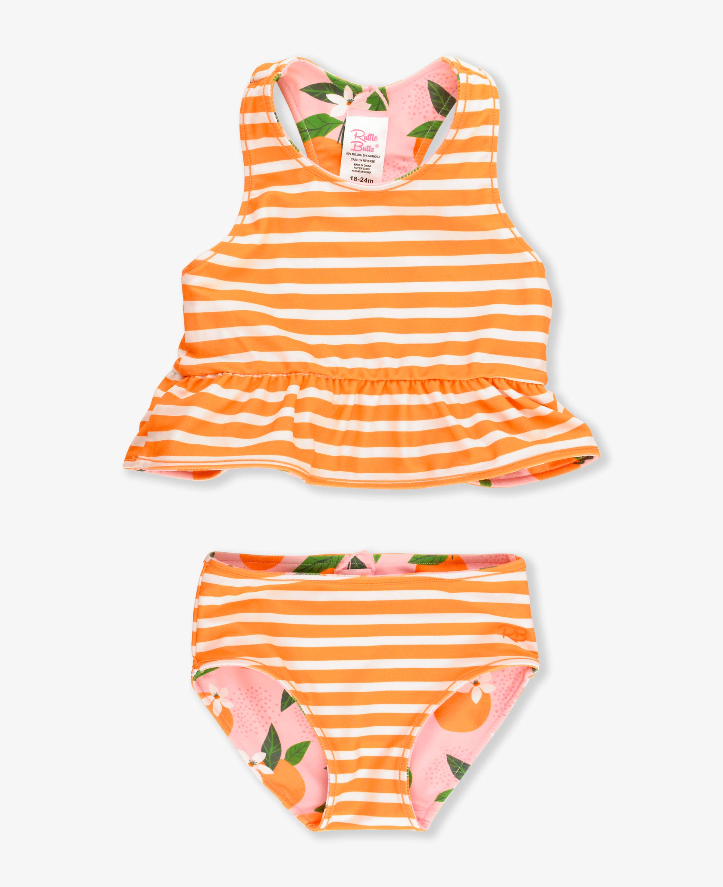Rosa Conjunto de bañador de dos piezas con peplum reversible "Orange You The Sweetest" para niñas. de venta al por mayor en Faire14