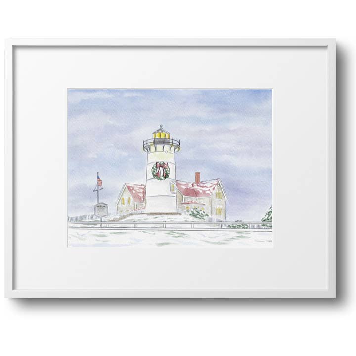 Nobska Lighthouse at Christmas Falmouth Cape Cod Art Print for wholesale by WonderfullyWrittenCo