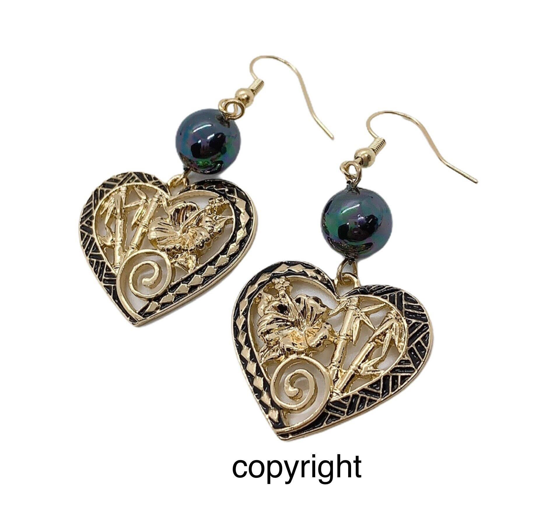 Anela's Jewelry - Wholesale Dangle Earrings - Black Enamel Heart with Bamboo and Hibiscus Flowers: Hamilton Gold Earring with Shell Pearls0