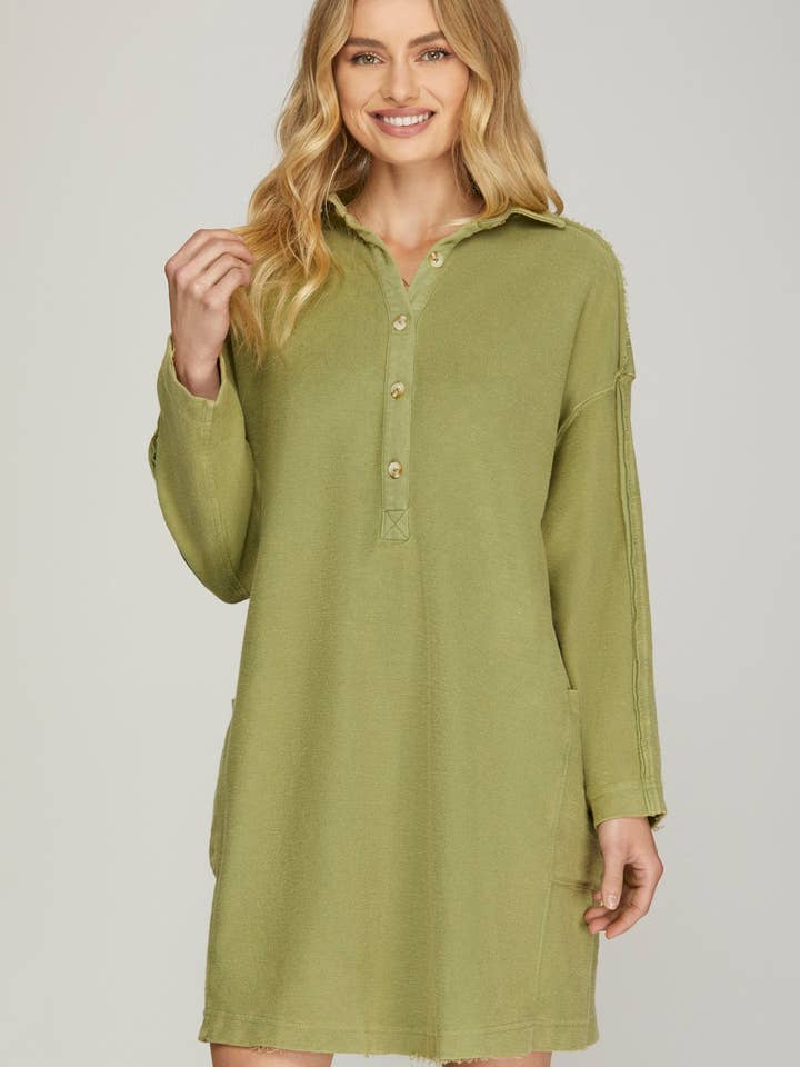 LONG SLEEVE COLLARED HALF BUTTON WASHED FRENCHTERRY DRESS WITH POCKETS for wholesale by Stylish Wholesale