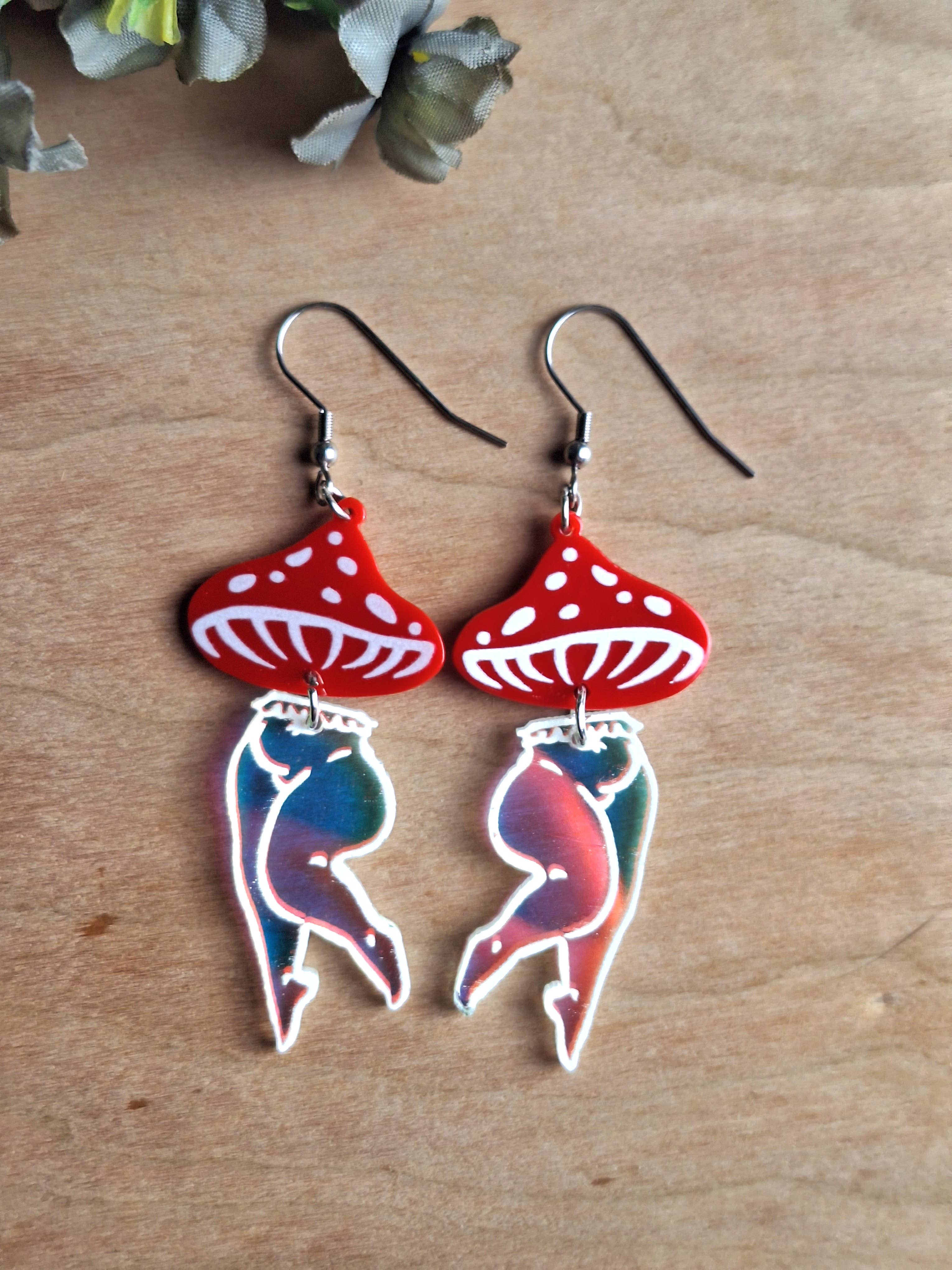Jedi Woods LLC - Wholesale Dangle Earrings - Mushroom Lady Earrings with Red and Irredescent Acrylic9