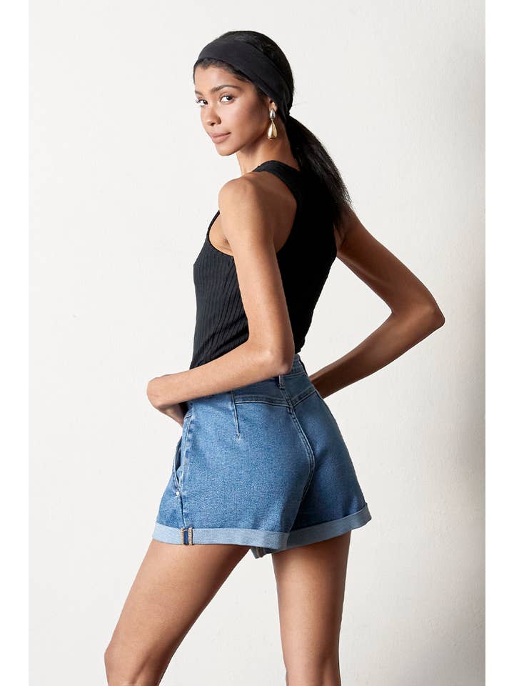 Insane Gene USA - Vendita all'ingrosso Pantaloncini - Donna - Shorts di jeans roll-up elasticizzati a vita alta