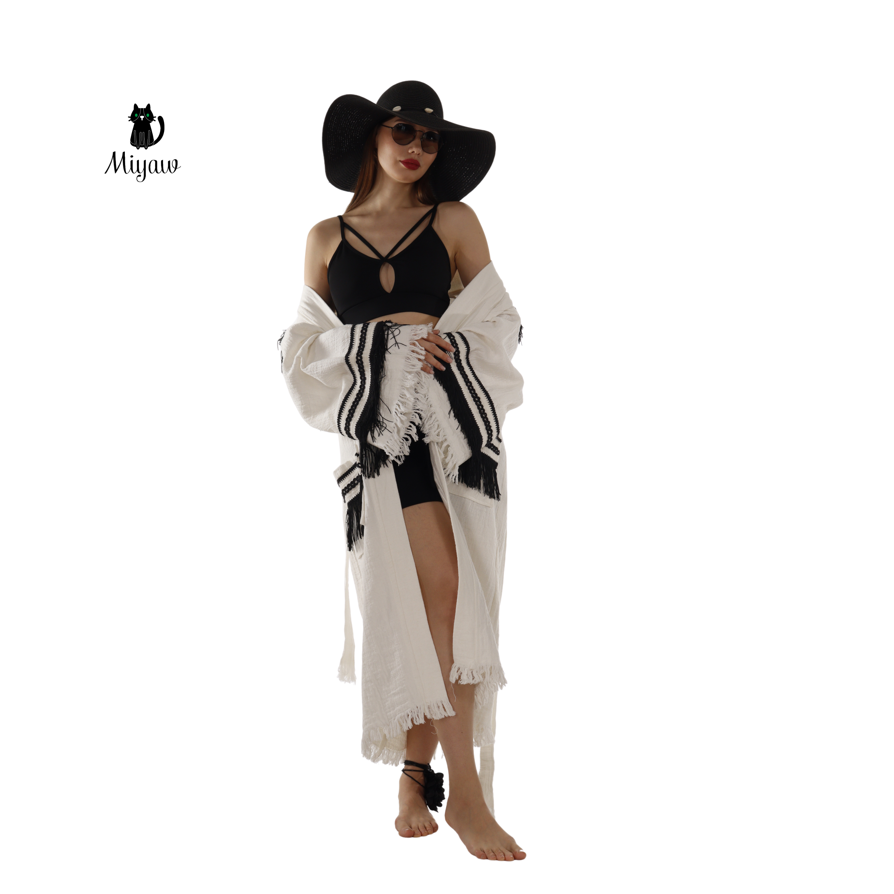 White Kimono Robe with Black Fringe – Boho Western Style for wholesale on Faire5