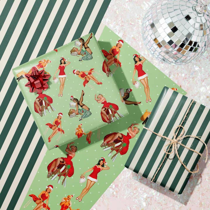 Mod Lounge Paper Company - Wholesale Flat Wrap - Holiday Vintage Pinup Double Sided Christmas Gift Wrap Sheet