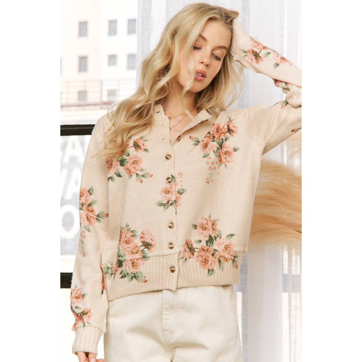 FLORAL PRINT RELAXED FIT BUTTON DOWN CARDIGAN for wholesale by Sweet Generis