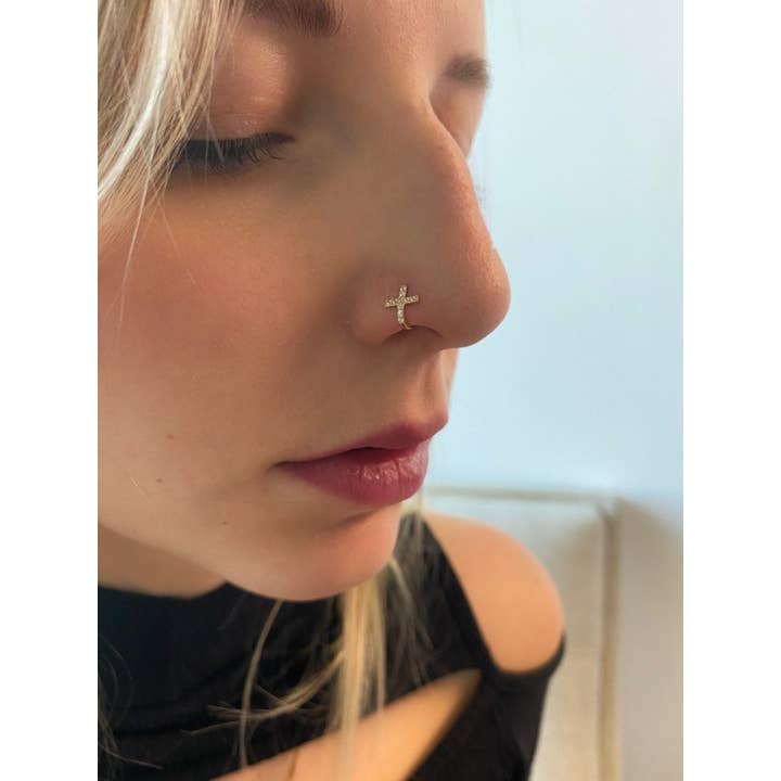 Zahav Jewelry - Vente Anneau de nez - Anneau nasal 10 carats | Anneau en forme de croix I en or massif | Anneau nasal en or | Clous de nez en or | Bijoux en or I Everyday Jewelry1