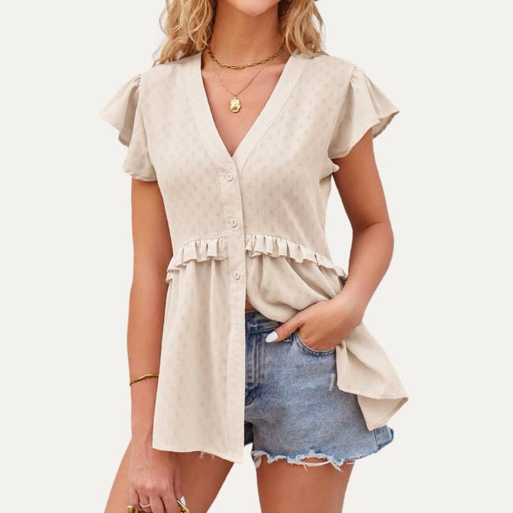 Adorable Textured V-Neck Button-Up Short Sleeve Top for wholesale by The Moment Collection