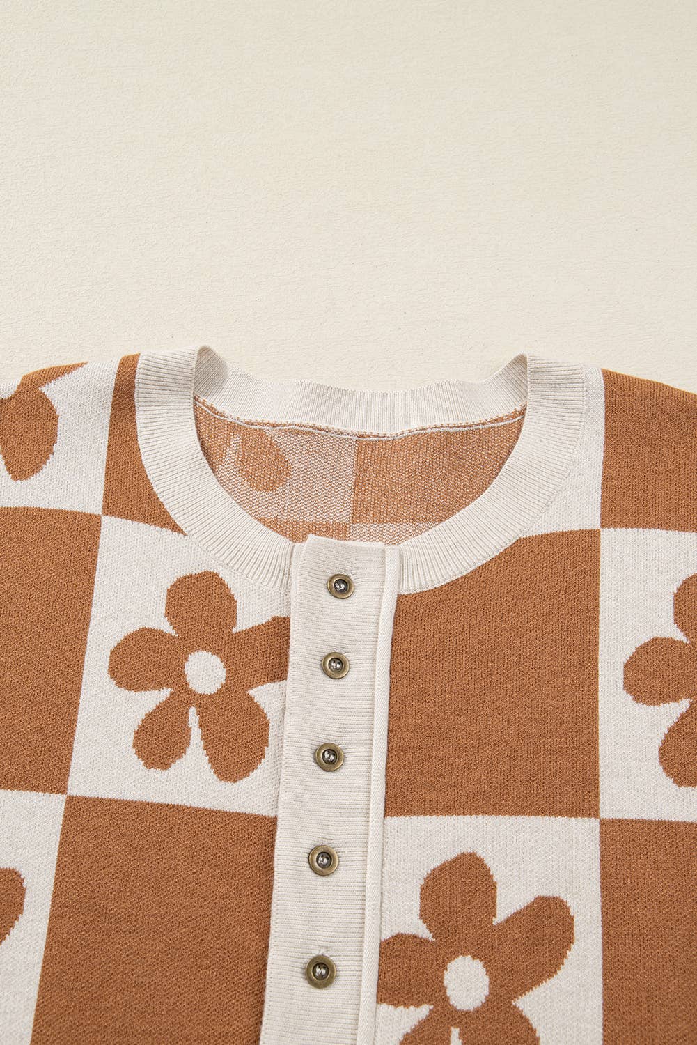 PartyEight - Wholesale Knit Sweater - Women's - Flower Plaid Henley Baggy Sweater2