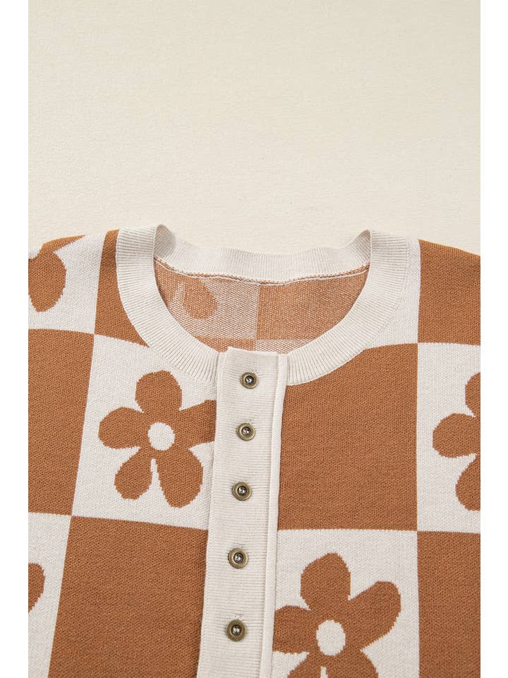 PartyEight - Wholesale Knit Sweater - Women's - Flower Plaid Henley Baggy Sweater2