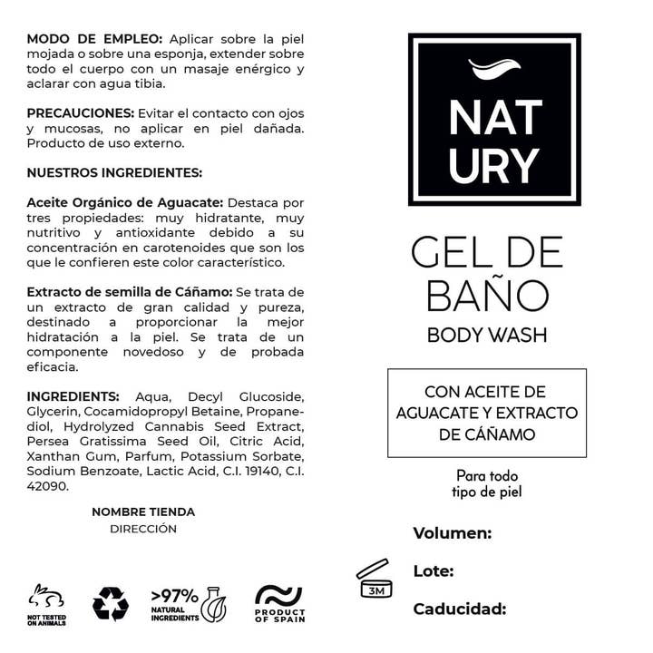 Etichetta in gel con olio di avocado ed estratto di canapa (confezione da 10) per la vendita all'ingrosso da parte di Natury Greencare