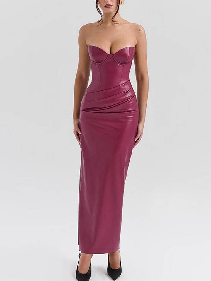 CWDTD0390_SOLID COLOR SEXY BACKLESS LEATHER TUBE DRESS for wholesale by NINEXIS