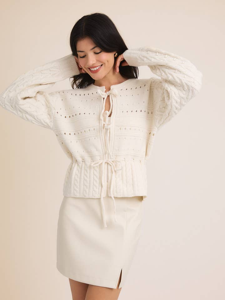 White FRONT TIES LONG SLEEVE OPEN KNIT SWEATER CARDIGAN for wholesale on Faire
