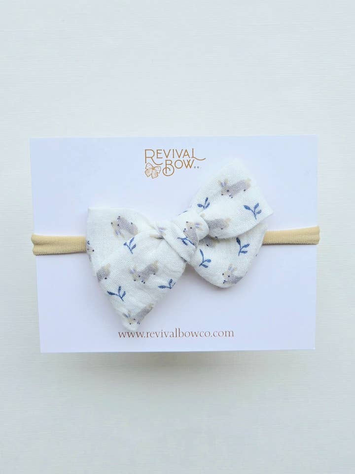 Small Pinwheel Bow on Headband or Clip • Tiny Bunnies for wholesale by Revival Bow Co.