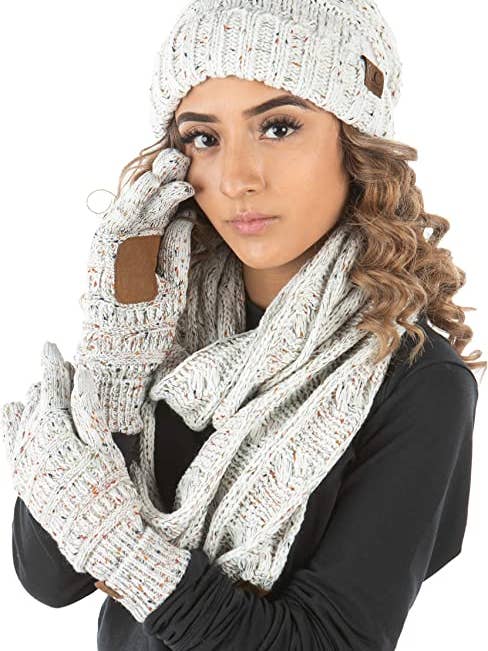 C.C Oversized Beanie, Glove & Scarf set - Confetti Ivory for wholesale by Funky Junque