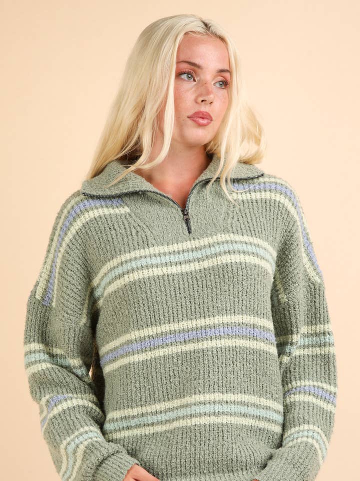 VERY J - Wholesale Knit Sweater - Women's - 12W3136N-Multi Color Striped Half Zip Up Knit Sweater Top