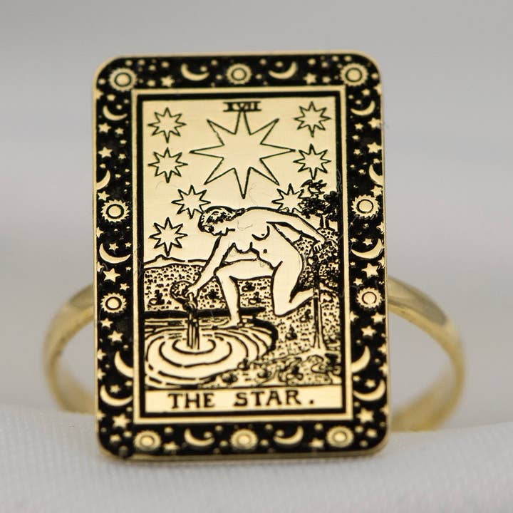 Bague en argent sterling 925 gravée avec une carte de tarot The Star pour la vente par DreamedBy