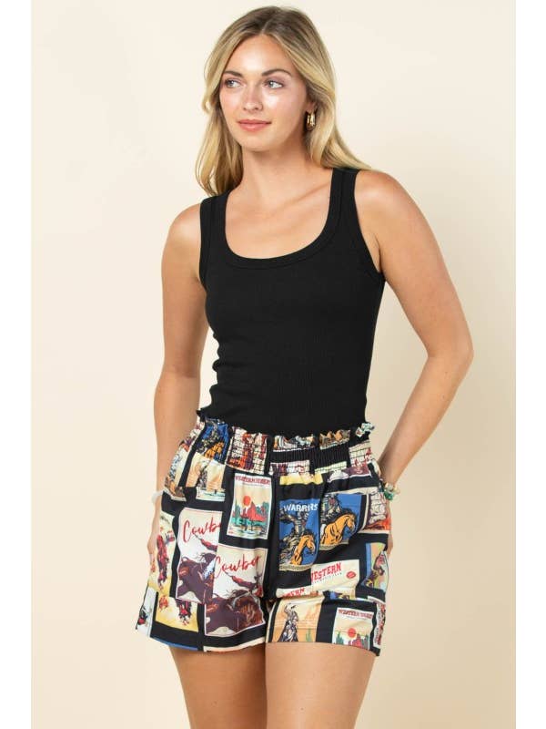 Black Multi AP1312-LESLIE VINTAGE WESTERN PRINT WOVEN SHORTS for wholesale on Faire4