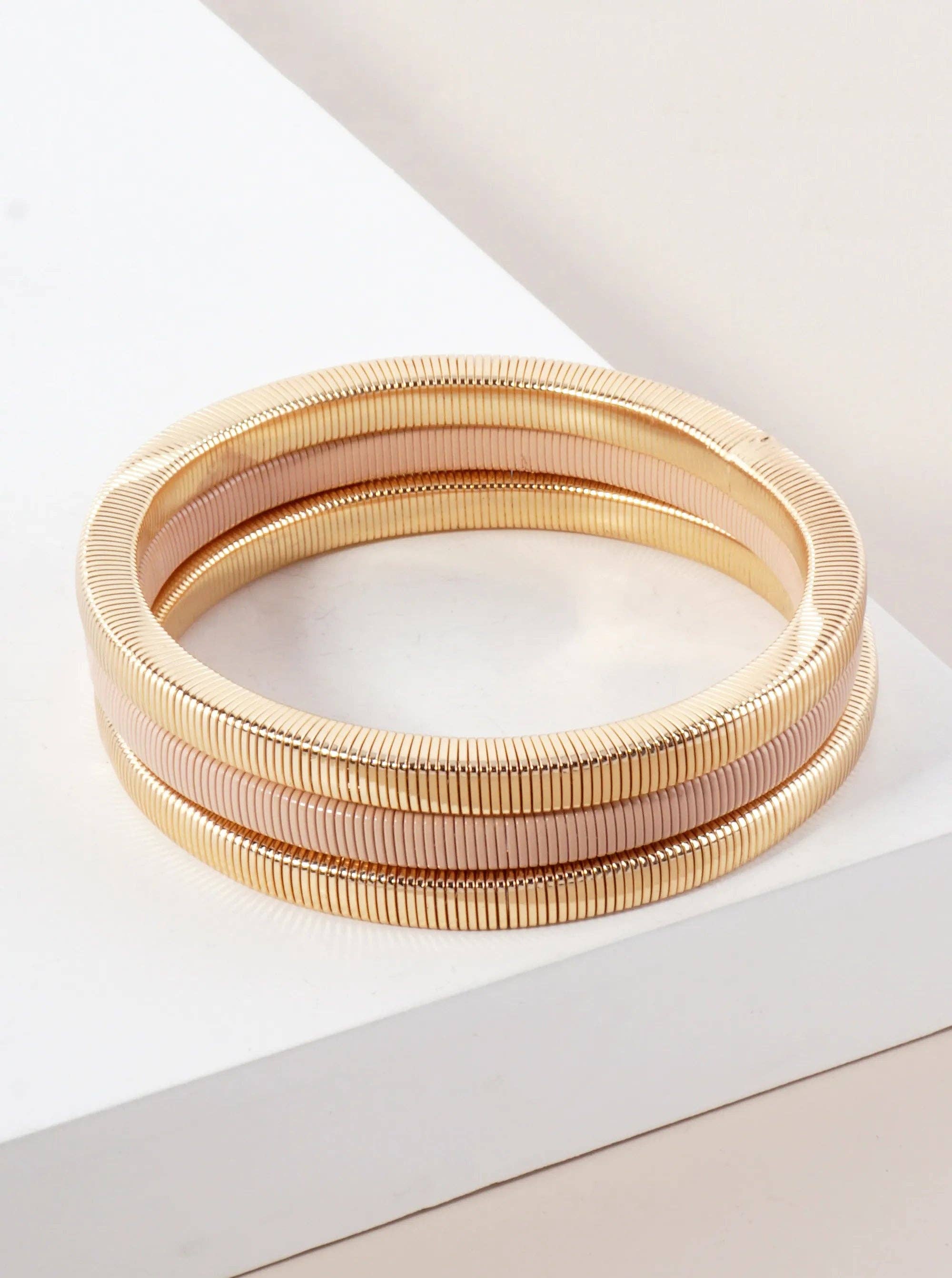 Wild Honey - Wholesale Jewelry Set - 3-PC-Set Layered Metal Stackable Stretch Square-Coil Bracelet