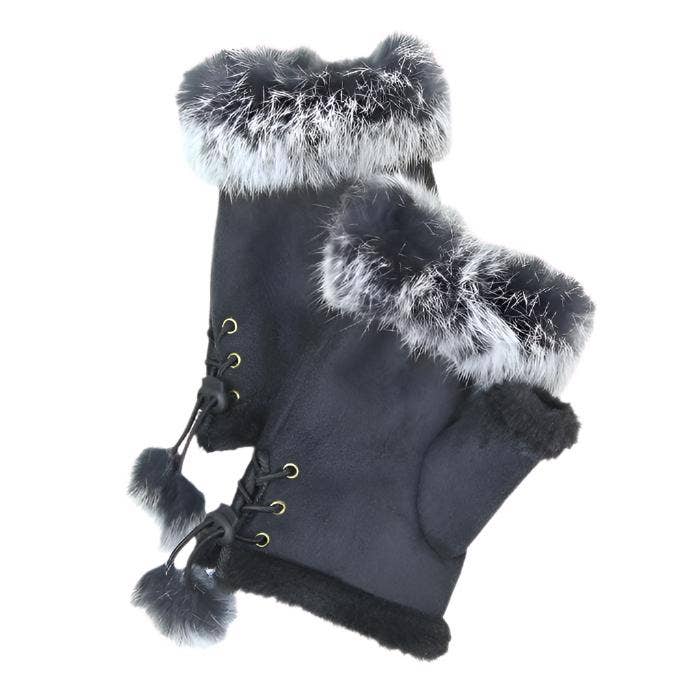 Madeline Love – wholesale Gloves – Women's – Fingerless Faux Fur Trim Faux Suede Gloves Drawstring1