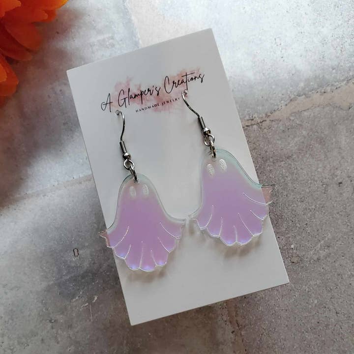 A Glamper's Creations LLC - Wholesale Dangle earrings - Ghost Earrings - Iridescent Acrylic Halloween Ghost Earrings1