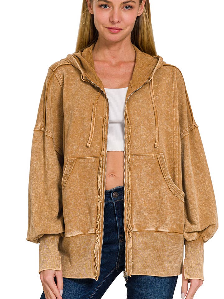 ..SI-25314 ACID WASHED FRENCH TERRY ZIP-UP HOODIE WITH POCKETS for wholesale by 42POPS