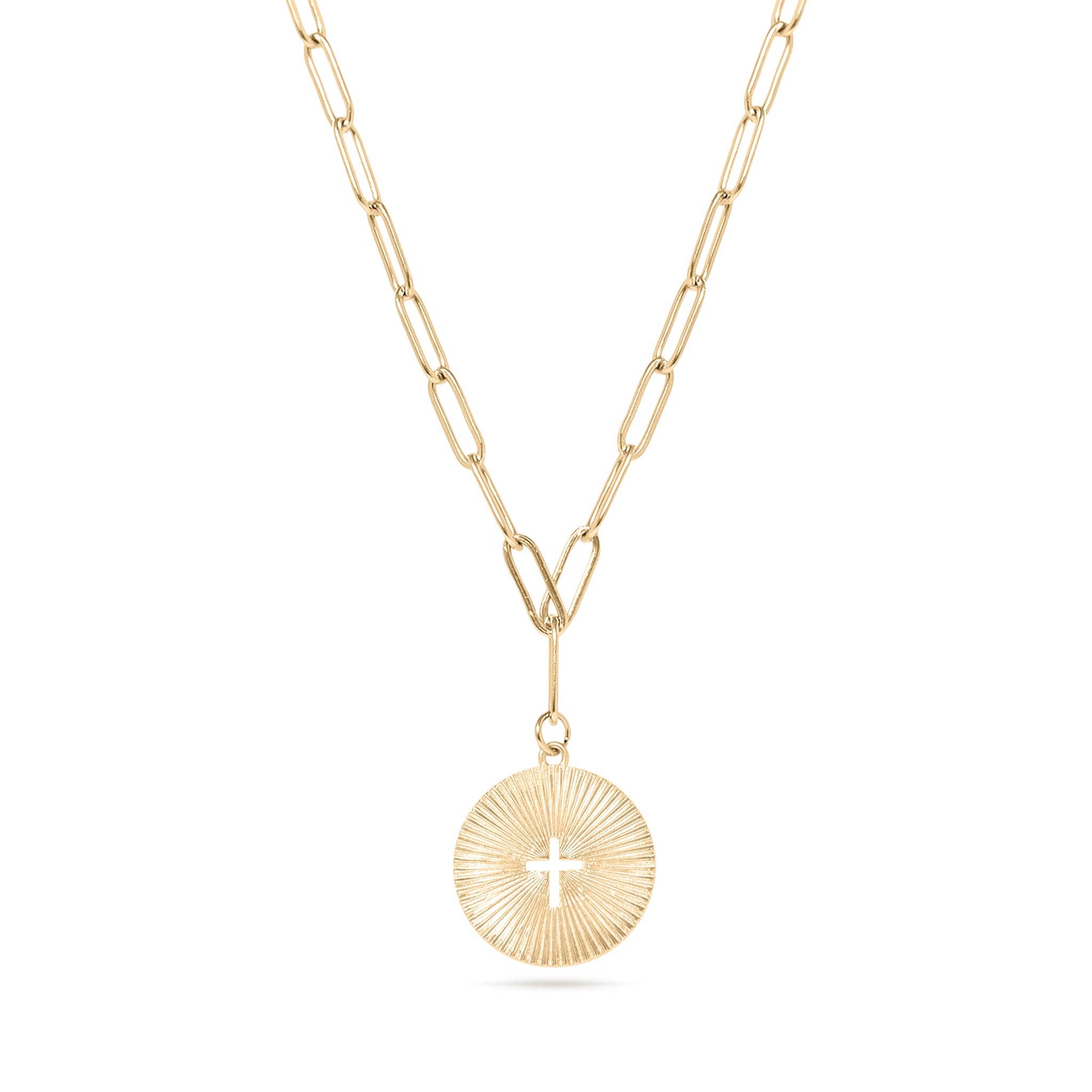 WJW - Wholesale Pendant/Charm Necklace - Gold Stainless Steel Sunburst Cross Paperclip Charm Necklace1