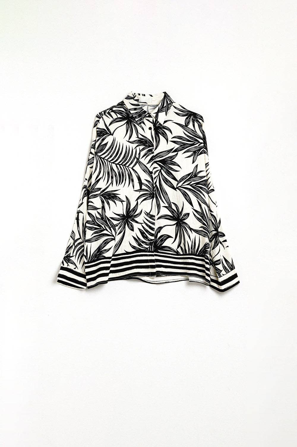 Tropical Motif Relaxed Blouse in Black and White for wholesale on Faire7