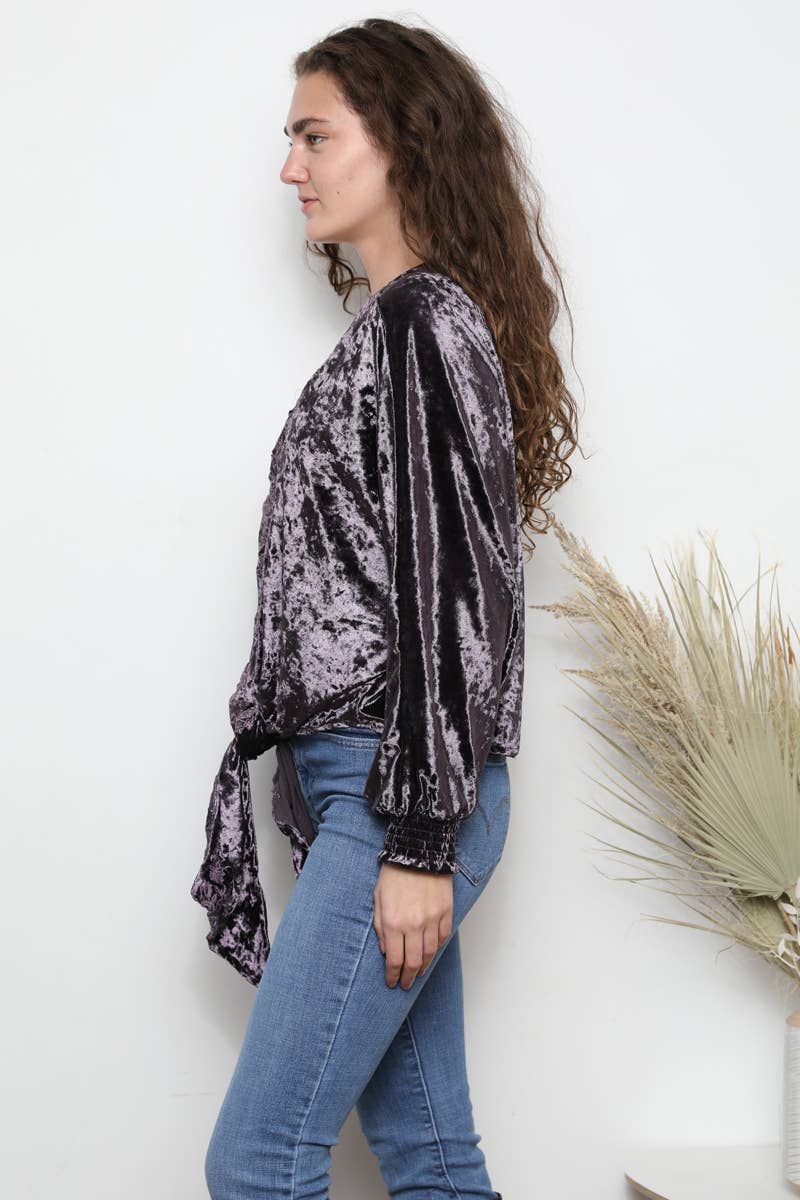 Nostalgia - Wholesale Blouse - Women's - E2V75-ASIS CRUSHED VELVET V NECK EMBROIDERED TIE WAIST TOP7