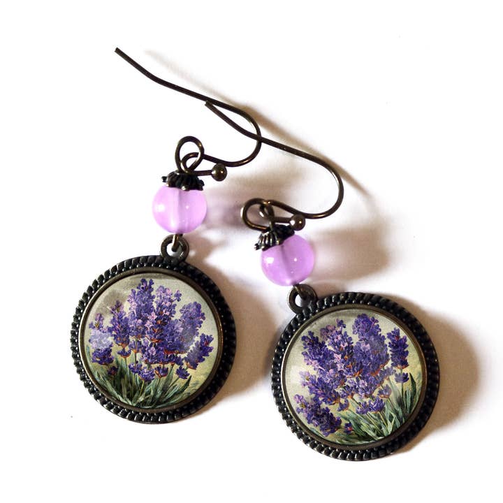 Lavender Flowers Glass Cabochon Earrings for wholesale by The Divine Iguana