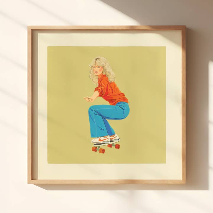 Artbaby & Co. – Impressão artística por atacado – Farrah Fawcett Skateboard 1976 Impressão artística0