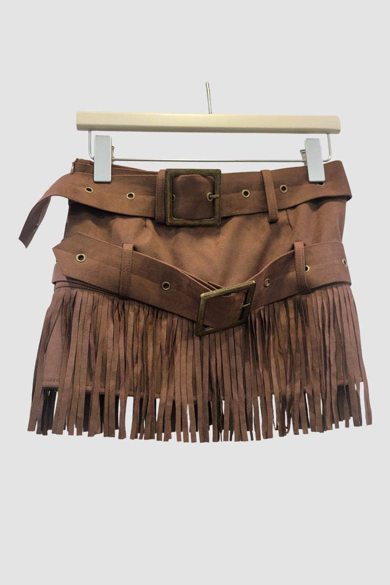 Mccolin - Wholesale Skirt - Women's - Fringe Mini Skirt with Belt Detail0