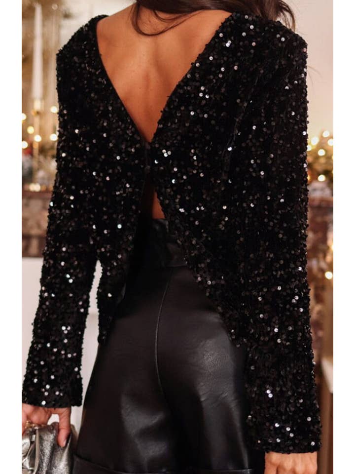 Black Sequin Long Sleeve Cutout Back Top for wholesale on Faire