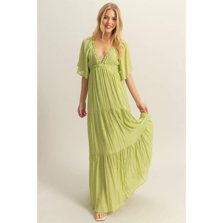 HYFVE - Wholesale Dress - Women's - HF25E045-V-Neck Flowy Sleeves Tiered Maxi Dress