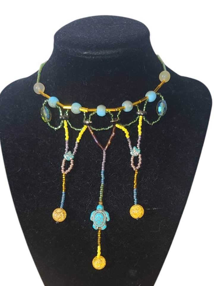 Teal Turtle Ethereal Cascade Necklace for wholesale by Tsuga Beadwork
