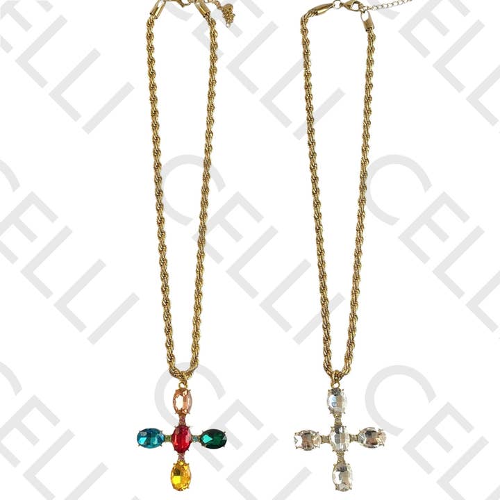 Collier en acier - croix avec brillants pour la vente par Celli Biju