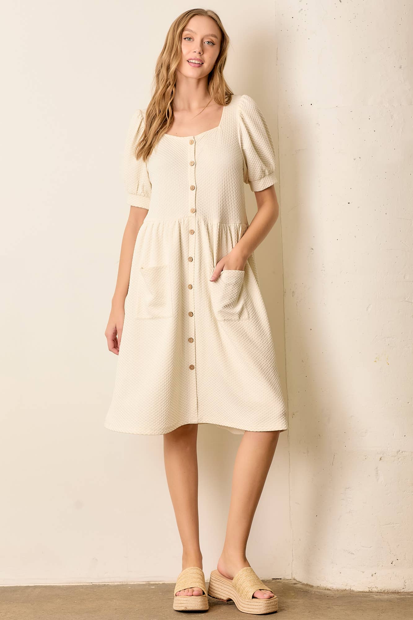 CREAM ROUND NECK BUTTON UP DRESS W POCKET for wholesale on Faire1