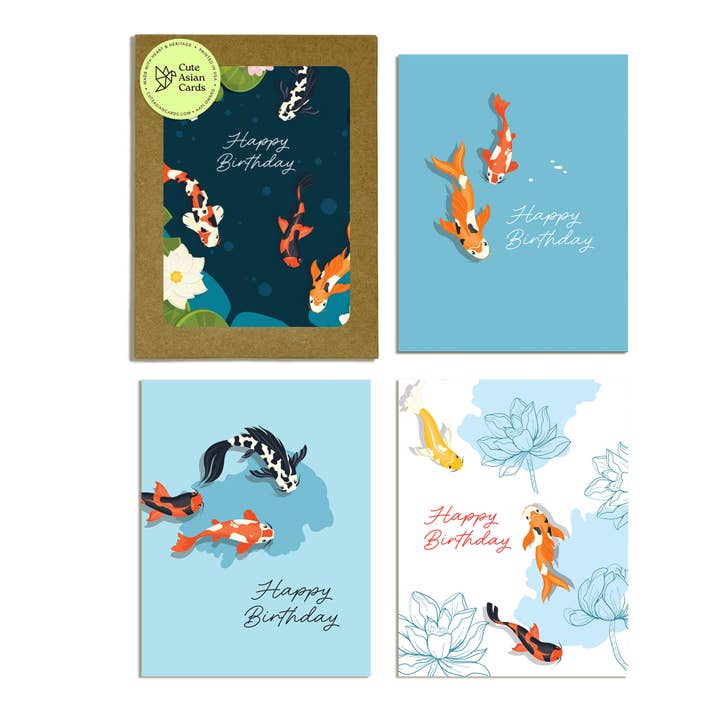Koi-fisk 8 blandade födelsedagskort | Blå japanska boxade hälsningar för wholesale av Cute Asian Cards