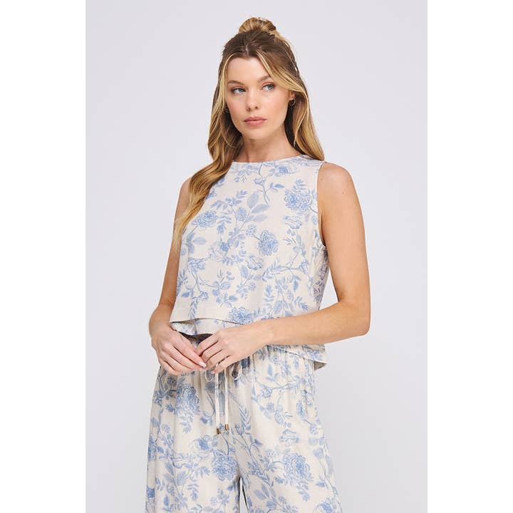 Débardeur en lin doux imprimé avec détail d'ourlet superposé pour la vente par Allie Rose