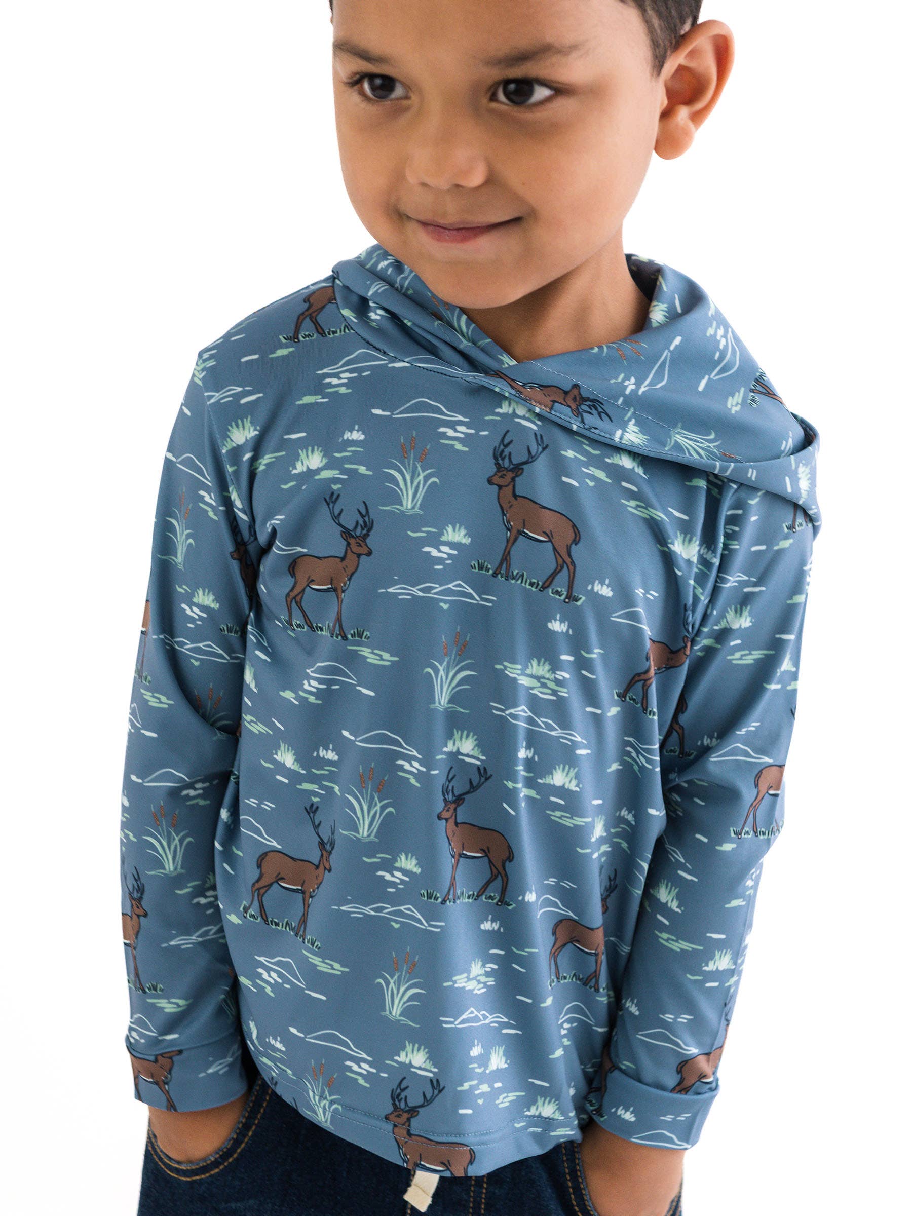 Blue Boys Deer Antler Adventure Performance Hooded Shirt for wholesale on Faire3